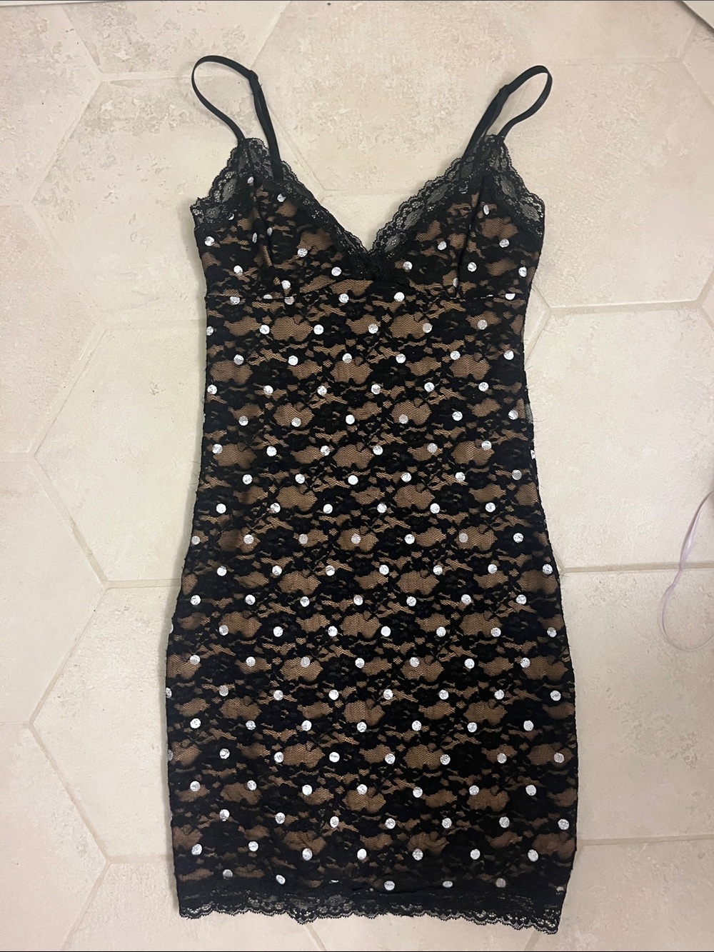 Edikted Black Lace Polka Dot Top with Tan Lining